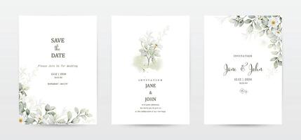 Set of invitation template cards with botanical and watercolor stains vector