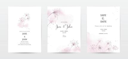 Set of invitation template cards with botanical and watercolor stains vector