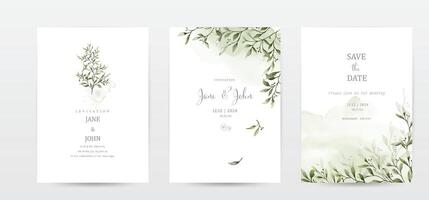 Set of invitation template cards with botanical and watercolor stains vector