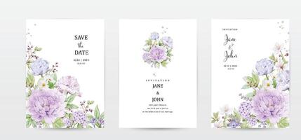 Set of invitation template cards with flowers and leaves watercolor vector