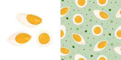 Seamless pattern with boiled egg slices and halves vector
