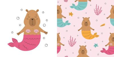 Funny capybara with mermaid tail seamless pattern vector