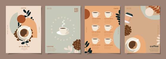 Set of minimal background templates with coffee beans and coffee mug for invitations, cards, banner, brochure, poster, cover, cafe menu or another design. vector