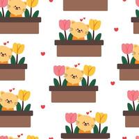 seamless pattern cartoon cat and flower pot. cute animal wallpaper for textile, gift wrap paper vector