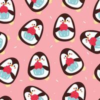 seamless pattern cartoon penguin holding a cupcake. cute animal wallpaper illustration for gift wrap paper vector