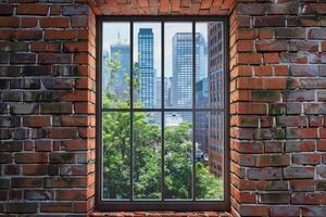 Modern window with skyscraper view in brick wall photo