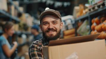 masculino voluntario distribuye comida a internacional refugiado asistencia centro. foto