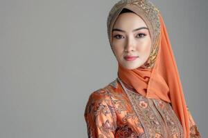 elegante musulmán modelo en tradicional kebaya y hiyab foto