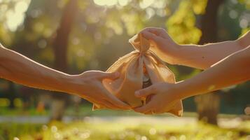 Couple holds money bags for future investments in park. photo