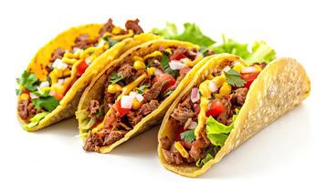 Traditional Mexican tacos with meat and veggies on white background. photo