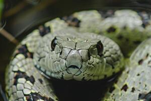 From above closeup of natrix maura water snake with grayish green skin with dark spots in nature photo