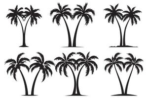 This set of detailed palm and coconut tree silhouette illustrations vector