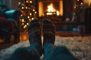 Cozy family holiday by fireplace in Christmas socks photo