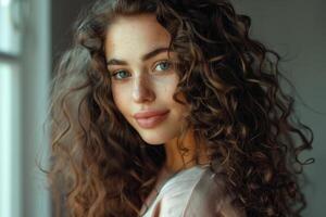 brunette girl with long and shiny curly hair photo