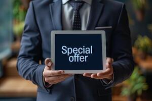 Business man holding tablet with Special offer inscription. photo