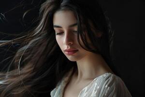 Beautiful girl with long dark hair in silk top. Fashion and beauty. photo