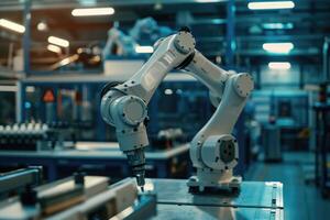 Robotics industry high tech facility with robot arm in motion. photo