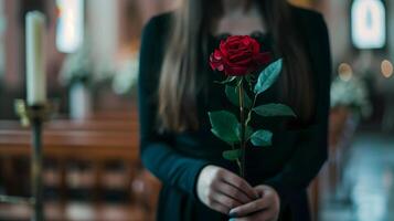 Grieving woman wearing black, mourning, holding single red rose in her hands on funeral. Church background photo