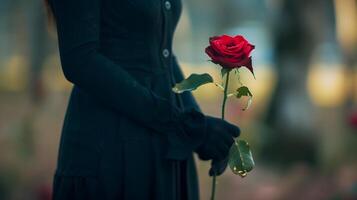 Woman wearing all black holding single red rose on funeral. Graveyard, cemetary background photo