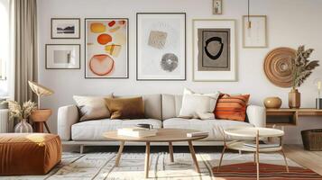 Modern living room design with gallery wall. Fresh clean light contemporary room interior. photo