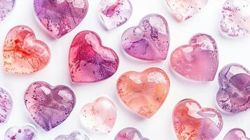 Heart shaped hard clear candies pattern on white background. Top view. Valentines day. photo