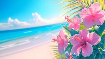 Beautiful tropical summer template design with pink hibiscus flowers over paradise beach background. photo
