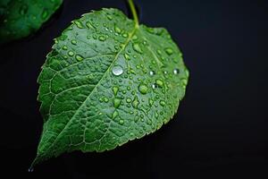 Green leaf with water drop on black background Green leaf photo