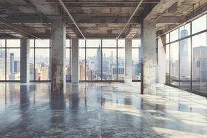 Empty loft style room with concrete floor and city view 3D Render photo
