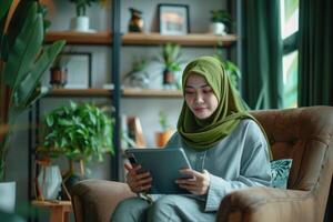 Happy young Muslim woman in Indonesia on phone at home. photo