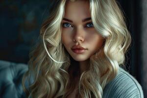 Blonde girl with long wavy hair curly hairstyle beauty. photo