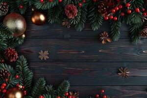 Christmas background with fir tree and decor. Top view with copy space photo