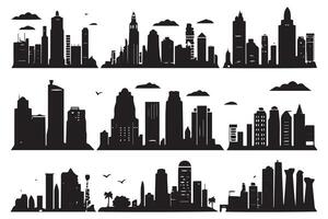 set of City silhouette in flat style. Modern urban landscape. City skyscrapers building office skyline on white background Pro vector