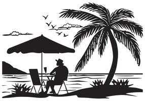 silhouette summer design palm tree Relaxing man front table and umbrella man beach free design vector