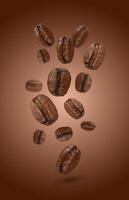 Levitating coffee beans on a brown background photo