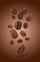 Levitating coffee beans on a brown background photo