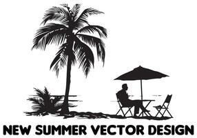 negro silueta verano diseño palma árbol sentado en silla frente mesa y paraguas hombre playa gratis diseño vector