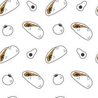 Tacos seamless pattern with tomato avocado doodle style vector