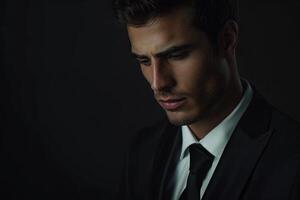 Attractive business man looking down to his side on dark studio background. photo