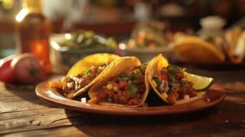 plato de tacos en mesa de madera foto