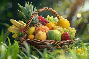 Basket of tropical fruits on green grass. photo