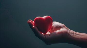 corazón trasplante y Organo donación concepto. mano es dando rojo corazón. foto