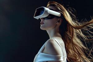Futuristic woman in VR glasses with flowing hair. photo