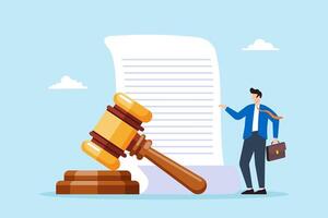 Mature lawyer stands with judge gavel and legal documents. Concept of professional attorney office, realm of law, and authorization of judicial decisions vector