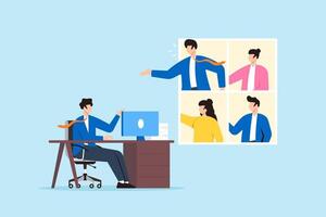 Businessman sitting in office engages in conference call with people working from home. Concept of hybrid work, work remotely from home or come into office, flexible workplace to enhance productivity vector