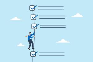 Businessman climbing rope to completed work checklist illustrating completion of tasks or todo lists. Concept of checking off items, achieving productivity goals, and following success plan vector