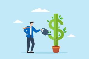 Businessman watering plant shaped like dollar sign illustrating dividends yield investment. Concept of grow profits, earning returns in stock market, increasing wealth, and success in investing vector