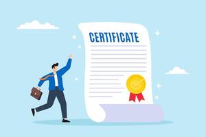 Happy businessman with star certificate paper, illustrating work achievement. Concept of certificate for taking course, award for excellent work, diploma document, and license stamp vector