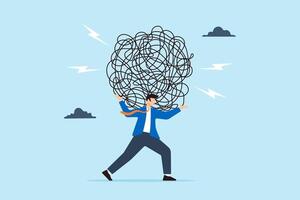 Tired businessman carries heavy tangled line on his back, illustrating burdens of stress. Concept of anxiety from work difficulty, overload, and challenges of navigating economic crises vector