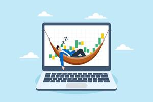 Successful investor sleeps on computer displaying financial graph, illustrating passive investment. Concept of making passive money or earning, wealth management strategies, and financial freedom vector