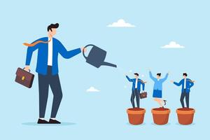 Businessman manager watering talented staff in flower pots illustrating talent development, career growth, and investment in training. Concept of employee potential, and coaching to develop skills vector